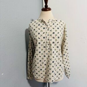 Universal Thread Women Cream Bohemian Floral Long Sleeve Relaxed Fit Blouse Sz L